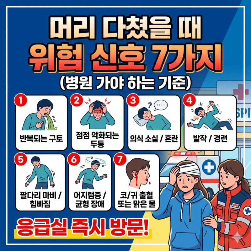 머리 다쳤을 때 위험 신호 7가지 (병원 가야 하는 기준)