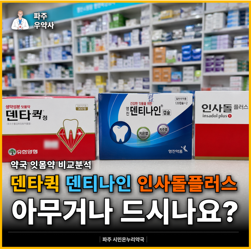 인사돌플러스, 덴타퀵, 덴티나인 고민된다면? 약국 잇몸약 성분 효능 차이점 정리 파주