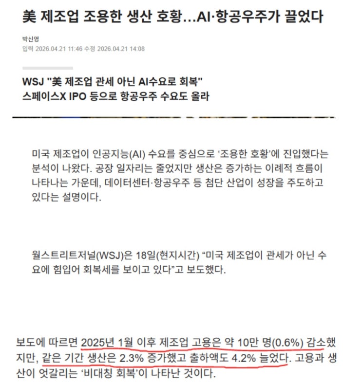  美 제조업 조용한 생산 호황, 고용은 줄었으나 생산 늘어