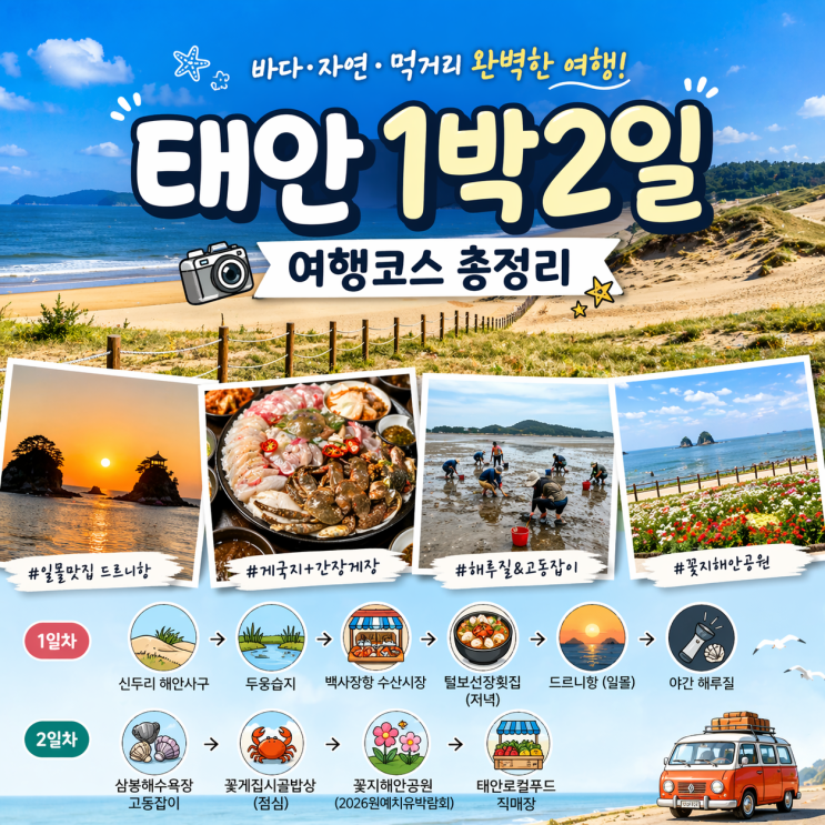  태안 1박2일 여행코스 추천 안면도 자연명소 해루질 갯벌체험 맛집까지!