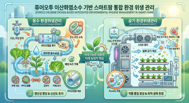   스마트팜 환경위생관리의 핵심퓨어오투 이산화염소수 적용 방안최근 스마트팜 농업에서는 단순한 생산성을 넘어수질(용수)과 공기 환경의 위생관리가 핵심 경쟁력으로 떠오르고 있습니다.