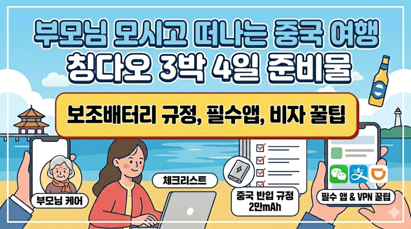 부모님 모시고 떠나는 중국 칭다오 3박 4일 여행 준비물 체크리스트! 2026년 4월 20일 보조배터....