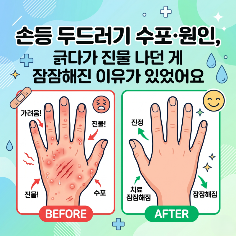 손등 두드러기 수포 및 원인, 긁다가 진물 나던 게 잠잠해진 이유가 있었어요