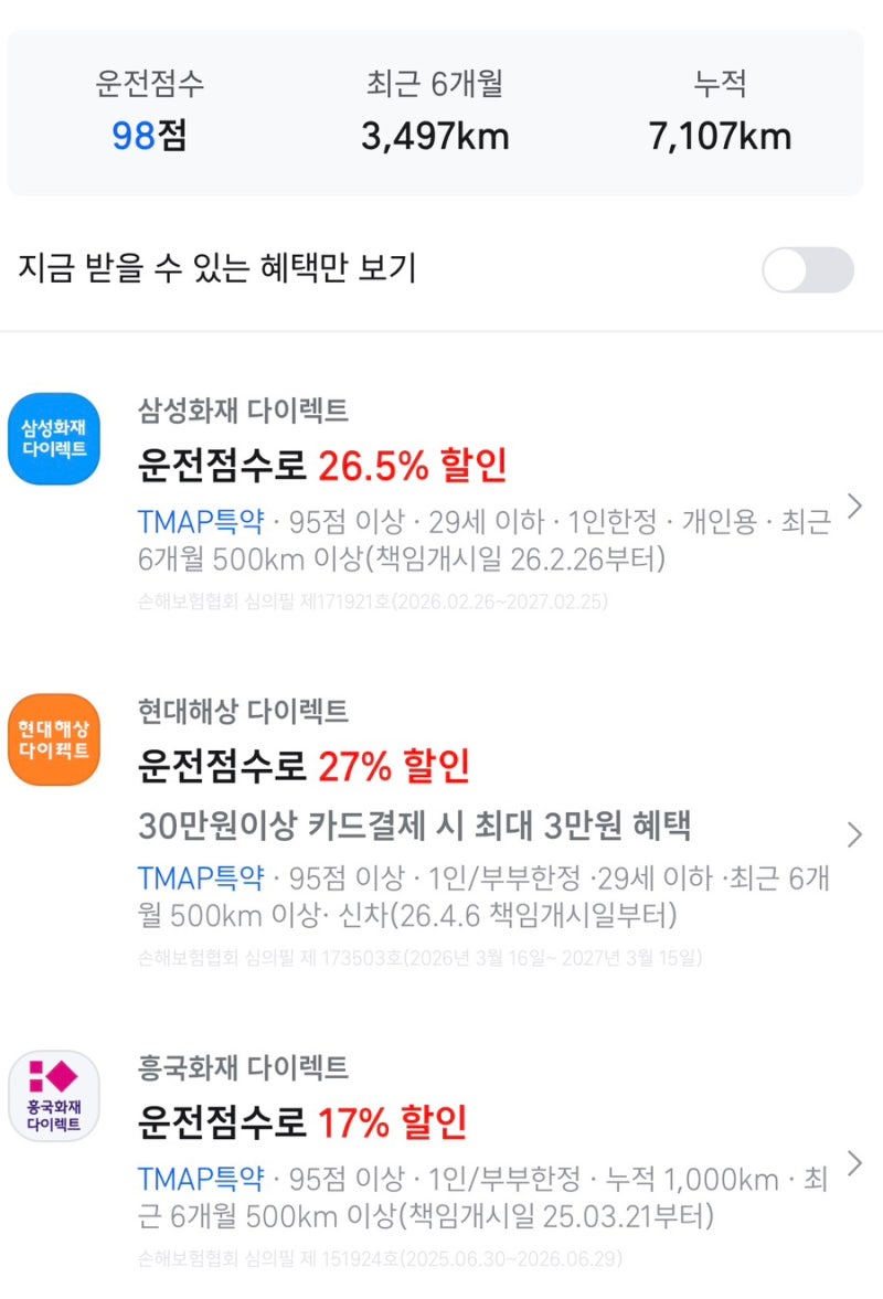 삼성화재 자동차보험료 할인 받은 방법 (feat. 티맵 운전점수, 하나머니 앱)