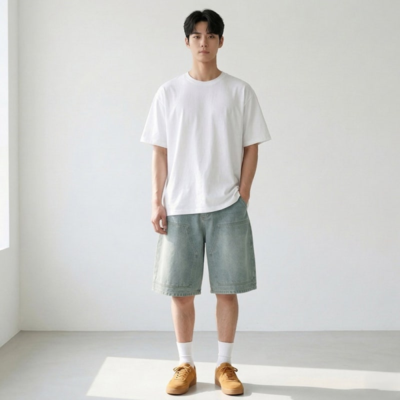 남성 워싱 패치 버뮤다 데님 반바지 와이드 밴딩