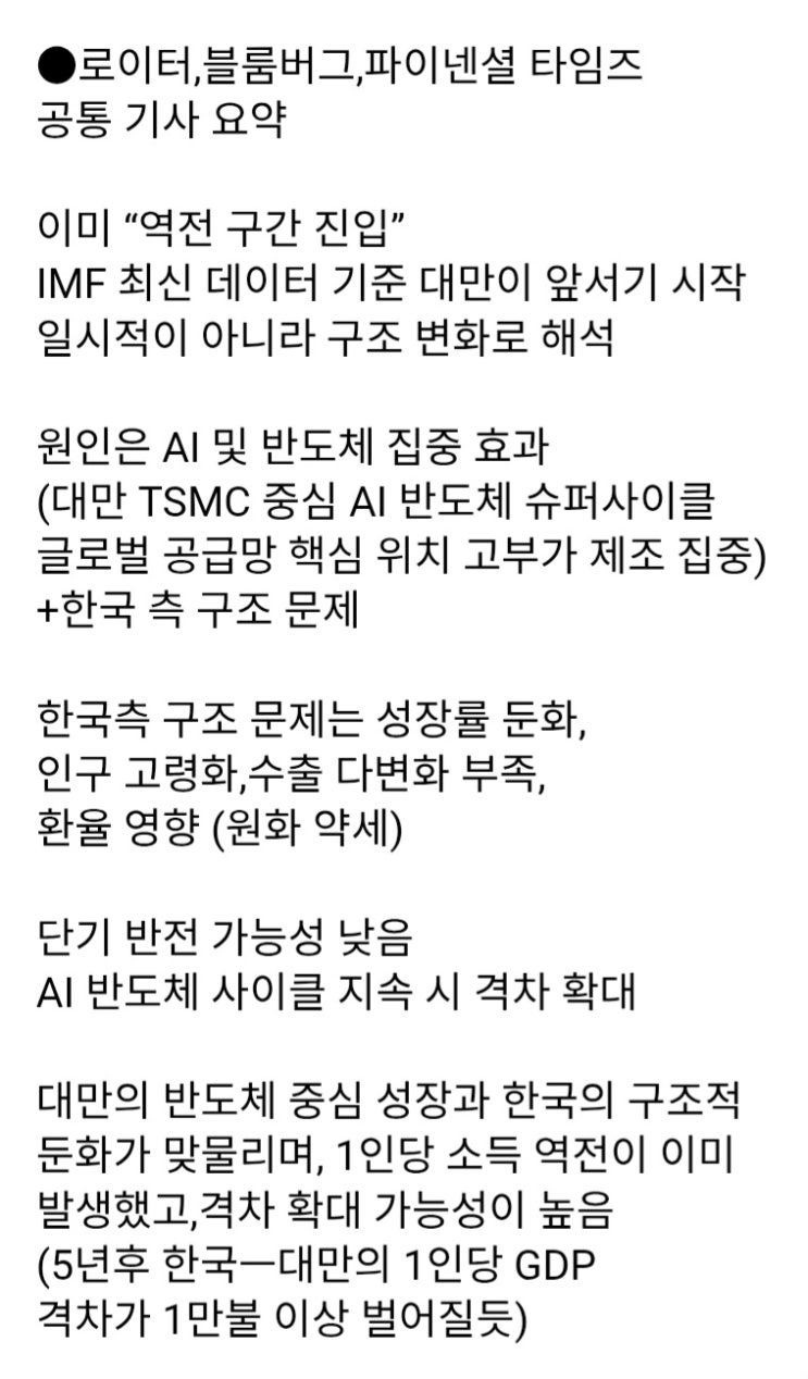  한국 경제, 대만에 추월. 구조적 격차는 이제 시작