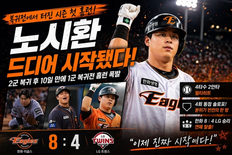 노시환 복귀 첫 경기 홈런 한화 LG전 분위기 바꾼 결정적 한방