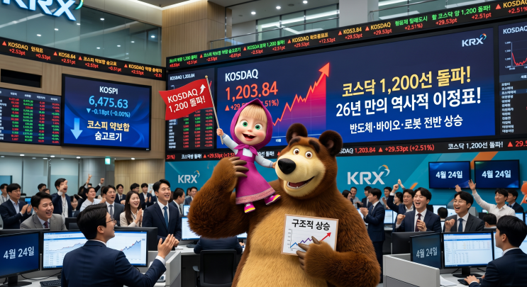   [2026년 4월 24일] 국내 증시 마감 브리핑 — 코스닥 26년 만에 1,200선 돌파! 오늘의 진짜 주인공