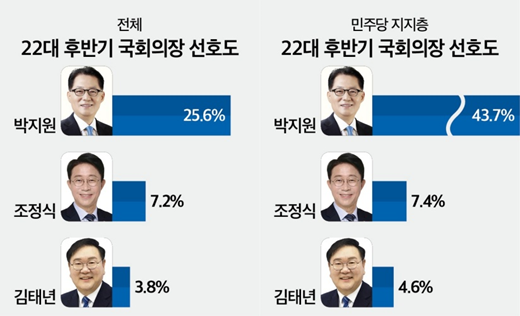 22대 하반기 국회의장 선출 선거,민주당 후보자 조정식,김태년,박지원 의원 프로필 선호도