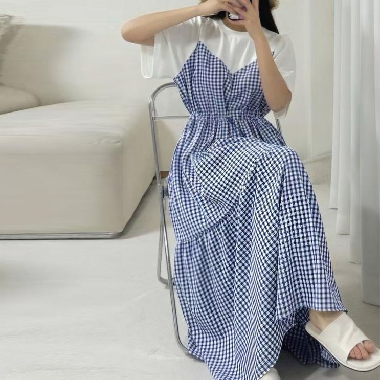  여자 여름 체크 원피스 추천 루즈핏 배색 반팔 롱원피스 시원한 데일리 코디
