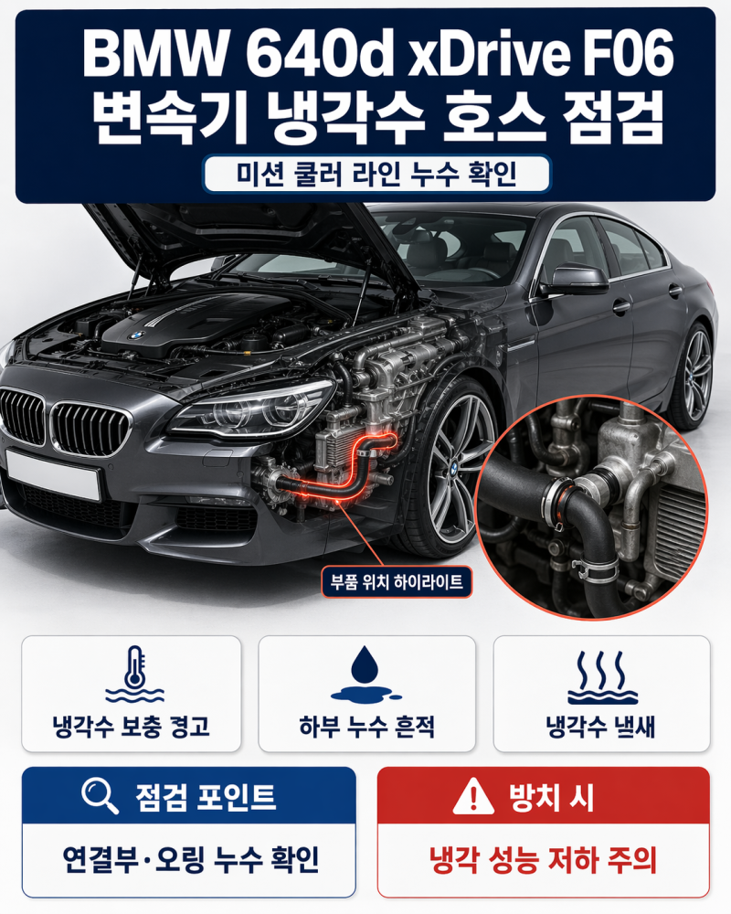 BMW 640d xDrive F06 변속기 냉각수 호스 누수 증상과 교체비용, 함께 점검할 부분은?