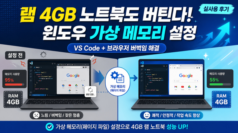 램 4GB 노트북도 버틸 수 있다? 윈도우10/11 가상 메모리 설정으로 RAM 부족 해결한 후기