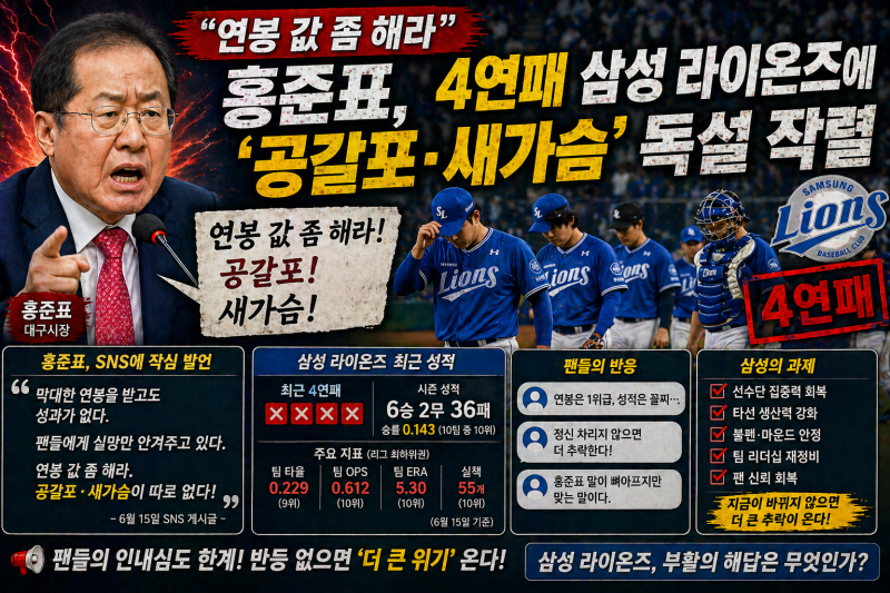 “공갈포·새가슴” 홍준표, 삼성 라이온즈에 작심 발언,“팬들도 터졌다” 삼성 4연패, 결국....