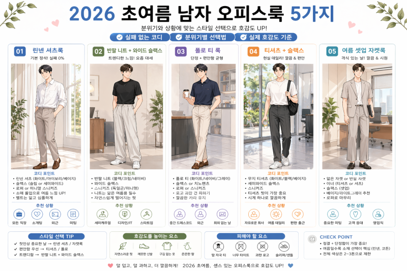 2026 여름 남자 출근룩 완벽 정리 덥지만 깔끔하게, 호감도까지 챙기는 오피스룩 5가지