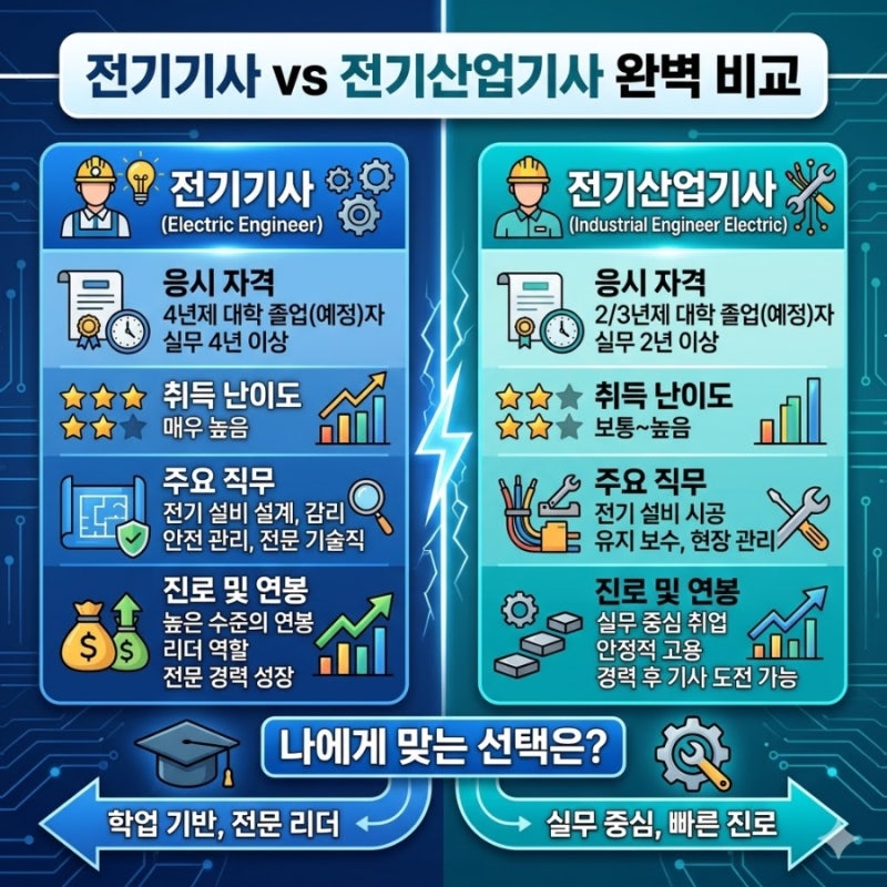 ⚡ 전기기사 vs 전기산업기사 완벽 비교 — 나에게 맞는 선택은?