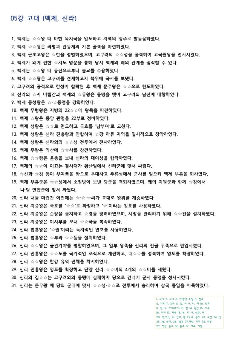 [나눔] 한능검 D-28 최태성 라이브 숙제! ‘별채우기’ 누적 복습 워드 양식 [2-9 강]