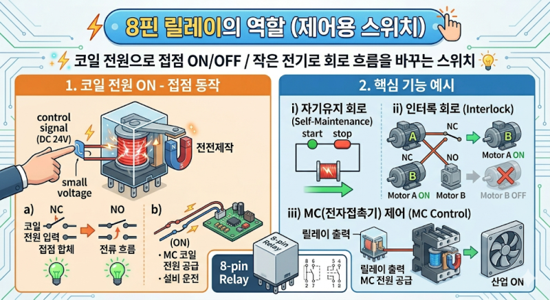 [전기기능사 - 실기] 8핀 릴레이 = 제어용 스위치 (신호 전달 장치)