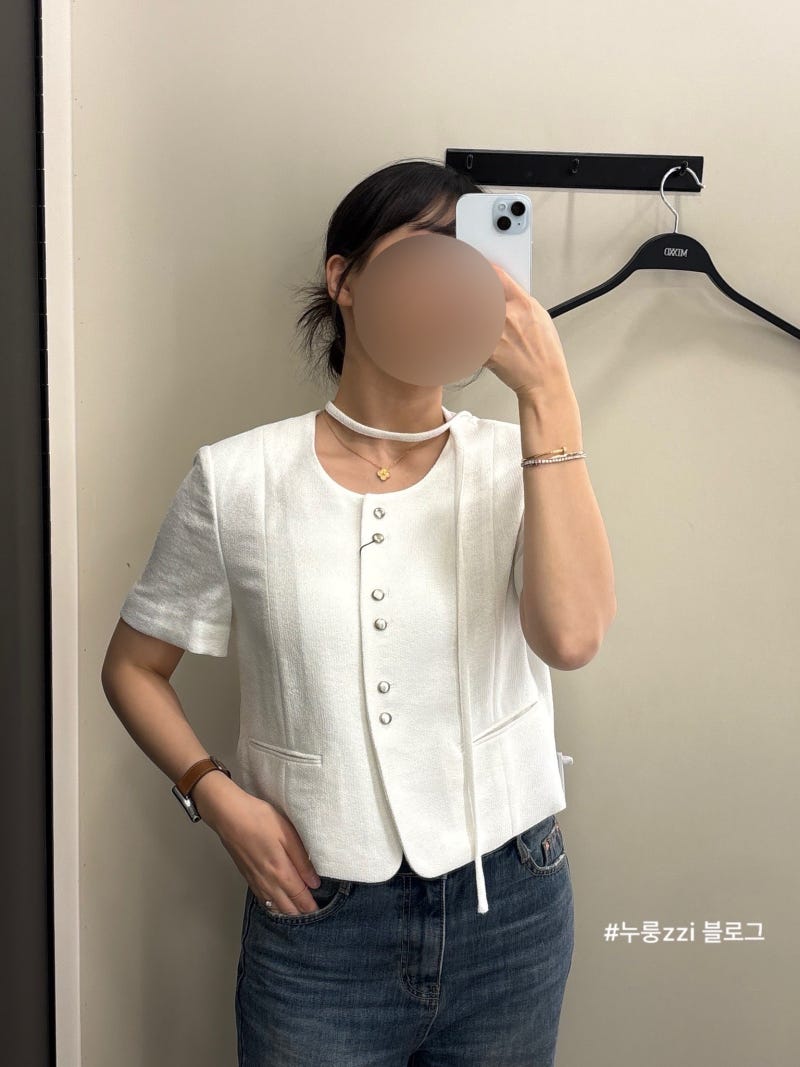 미쏘 트위드 버튼 반팔 자켓 봄라이트 코디