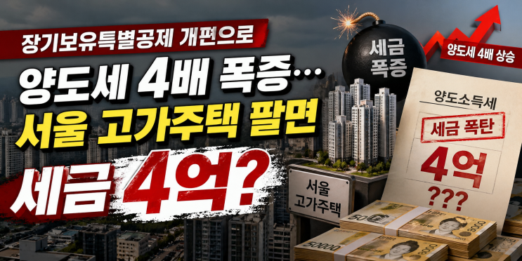  장기보유특별공제 개편으로 양도세 4배 폭증, 서울 고가주택 팔면 세금 4억?