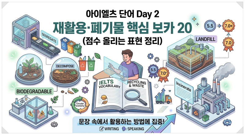아이엘츠 단어 Day 2, 재활용·폐기물 핵심 보카 20 (점수 올리는 표현 정리)