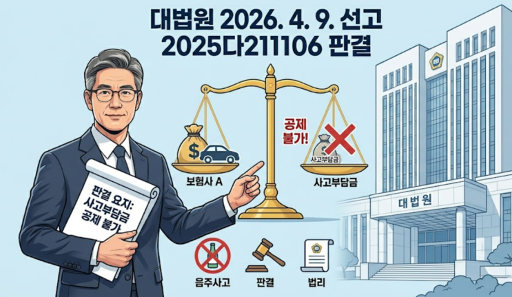  대법원 2026. 4. 9. 선고 2025다211106 판결 - 음주운전 공동사고, 상대방 보험사가 내 보험금 구상권에서 '사고부담금'을 깎을 수 있을까요?