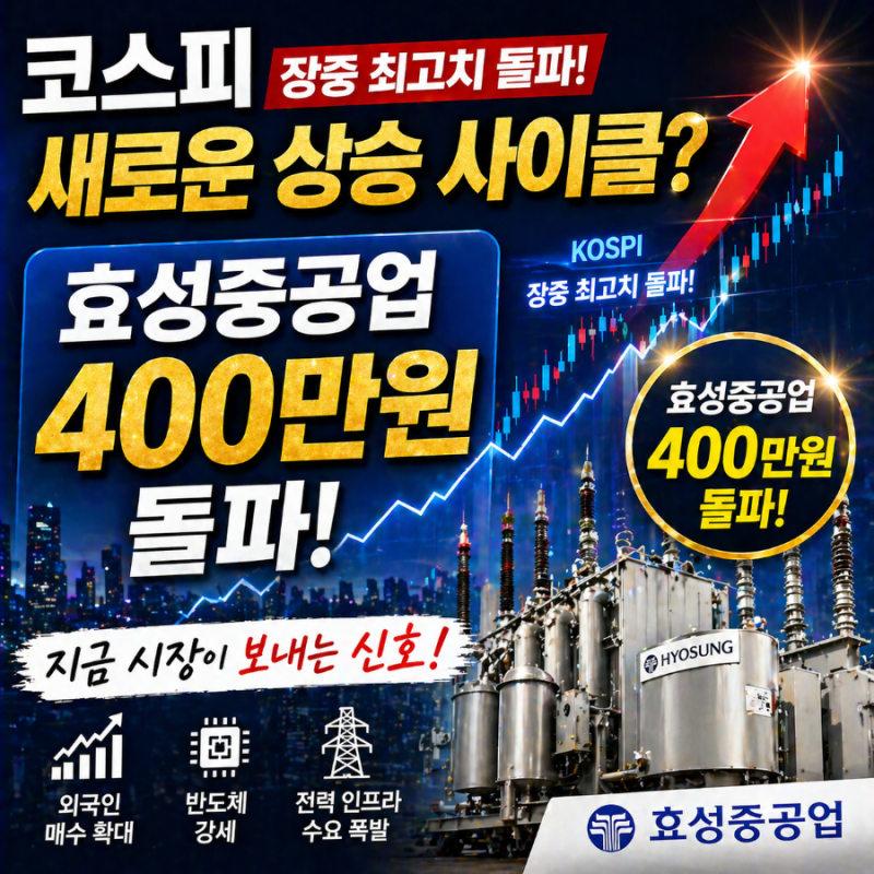 코스피 최고치 돌파 효성중공업 400만원 상승 지금 시장.