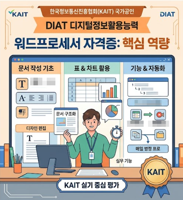  한국정보통신진흥협회(KAIT) 국가공인 디지털정보활용능력(DIAT) 워드프로세서 자격증 소개