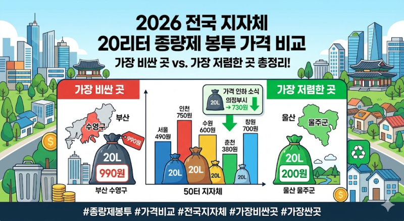 2026년 전국 지자체별 20리터 쓰레기 종량제 봉투 가격 50곳 총정리 가장 비싼 곳 싼 곳 비교
