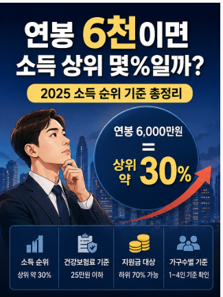 연봉 6천이면 소득 상위 몇 %일까? (2025 소득순위·건보료·지원금 기준 한눈에 정리)