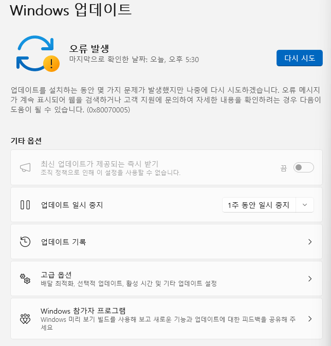  윈도우 업데이트 0x80070005오류 발생시 해결 방법