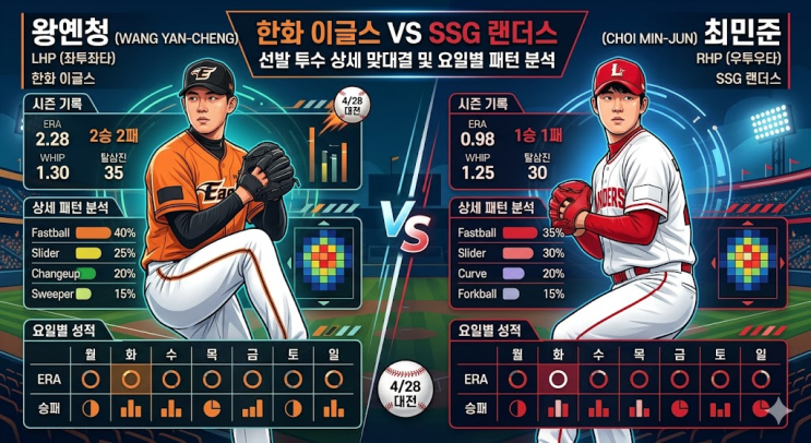  [4/28 KBO 프리뷰] 한화 이글스 vs SSG, 왕옌청의 화요일 복수혈전! 데이터가 가리키는 승자는?