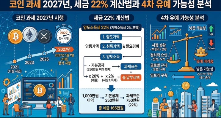  코인 과세 2027년, 세금 22% 계산법과 4차 유예 가능성 분석