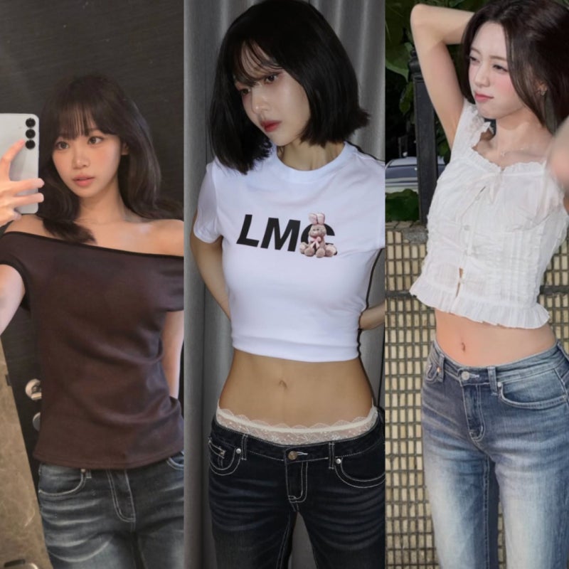 유나, 김채원 조이 청바지 코디 요즘 아이돌 데님 트렌드 로우라이즈 부츠컷 총정리 (+브랜드....