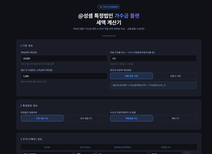  @성셈의 특정법인 증여 가수금 계산기입니다.
