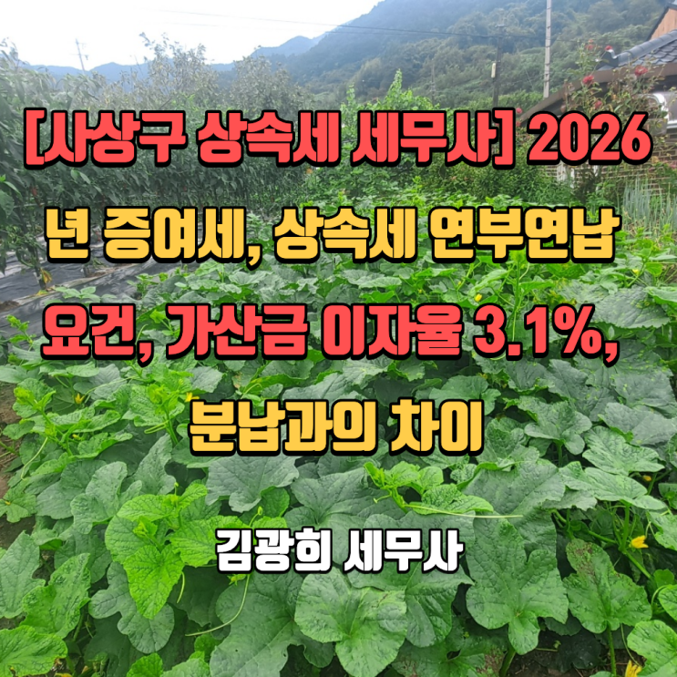  [사상구 상속세 세무사] 2026년 증여세, 상속세 연부연납 요건, 가산금 이자율 3.1%, 분납과의 차이