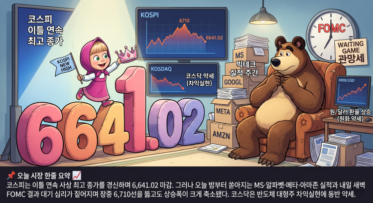   [2026년 4월 28일] 국내 증시 마감 브리핑 — 코스피 6,641 이틀 연속 최고치, FOMC·빅테크 대기에 상승폭 축소