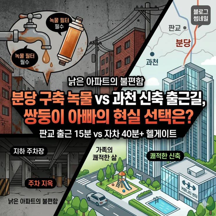  판교 출근길 40분 vs 녹물 나오는 30년 구축, 쌍둥이 아빠의 과천 분당 임장 현실