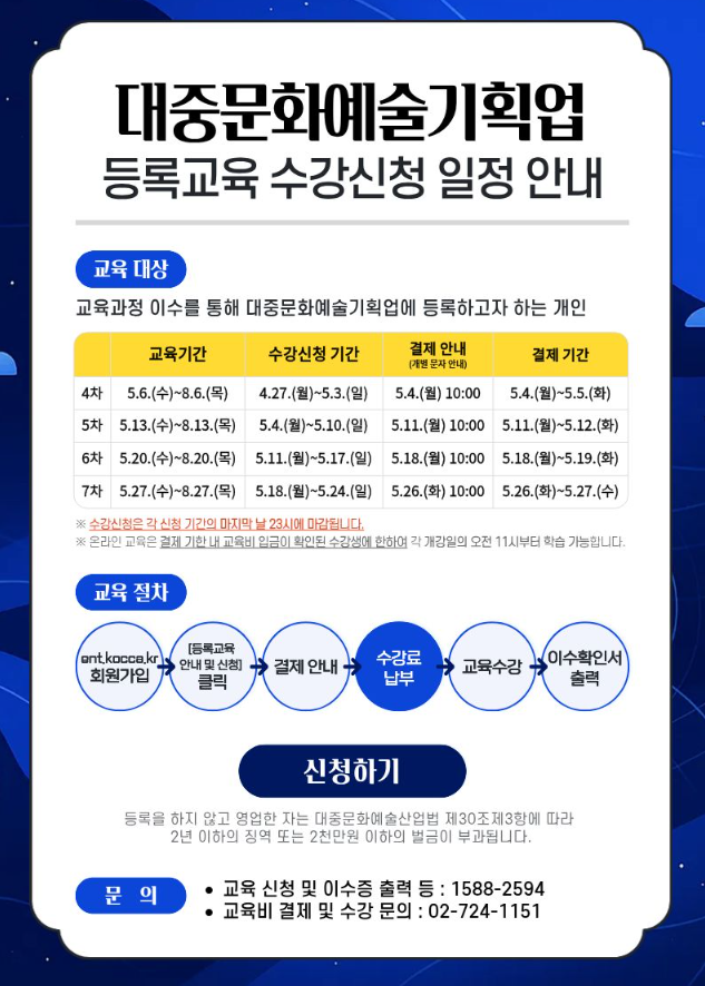  2026년 5월 대중문화예술기획업 교육 일정이 나왔습니다