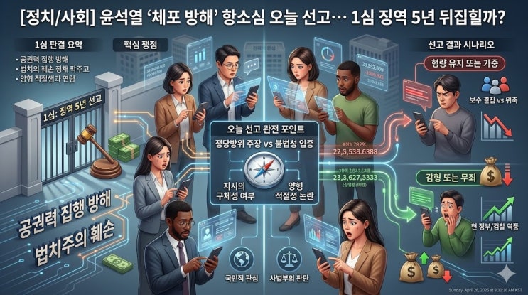 날" <b>윤석열</b> '체포 방해' 항소심 오늘 선고… <b>1심 징역</b> 5년... 