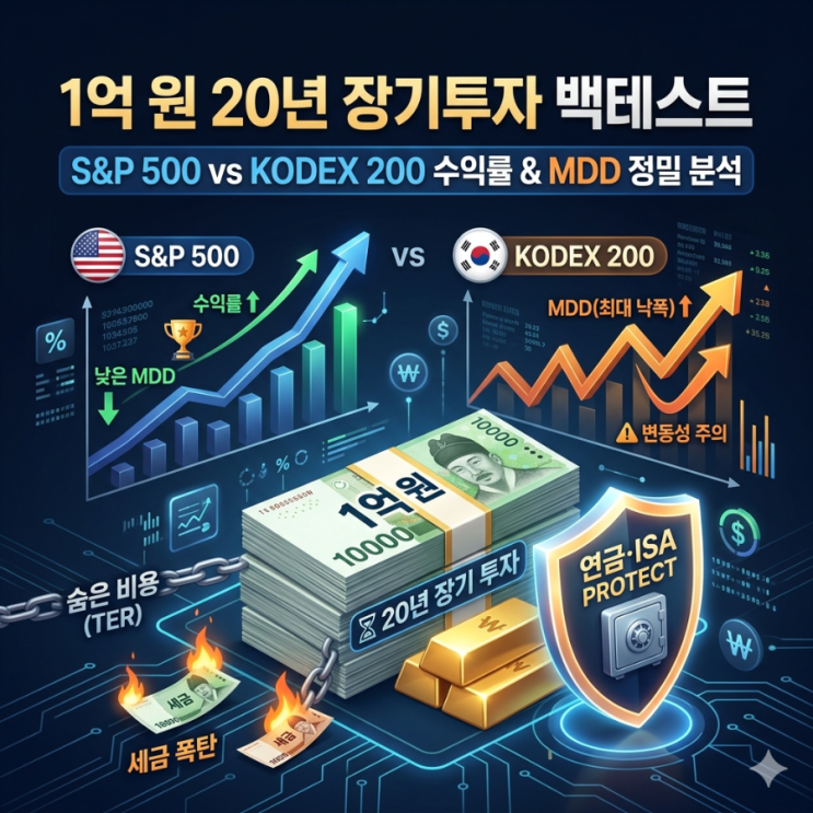  1억 원 20년 장기투자 백테스트: S&P500 vs KODEX 200 수익률 및 MDD 정밀 분석 / 숨은 비용(TER)과 세금 폭탄을 피하는 완벽한 연금·ISA 포트폴리오