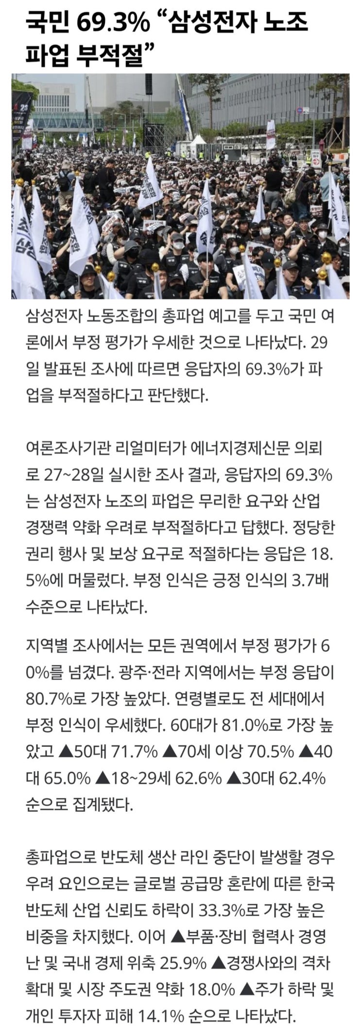  국민 69.3%, 삼성전자 노조 파업 부적절