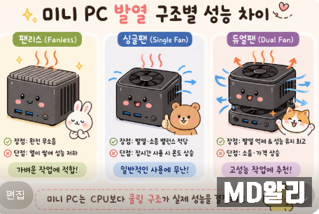  미니 PC 발열 구조별 성능 차이  (팬리스 vs 싱글팬 vs 듀얼팬, K8 Plus와 GEM12 사례)