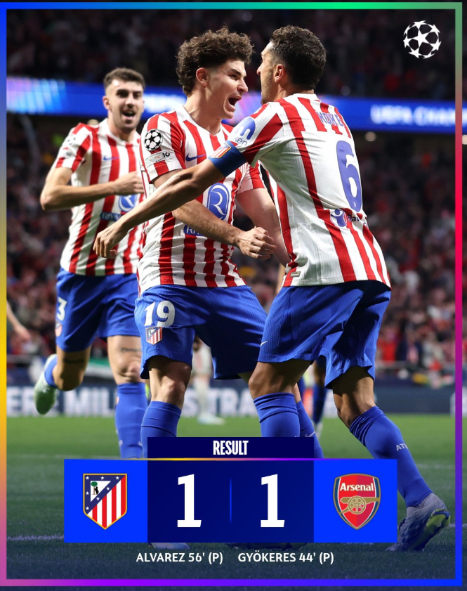  요케레스도 못 막은 ATM — PK 3번 드라마 끝에 1-1, UCL 4강 결판은 에미레이츠