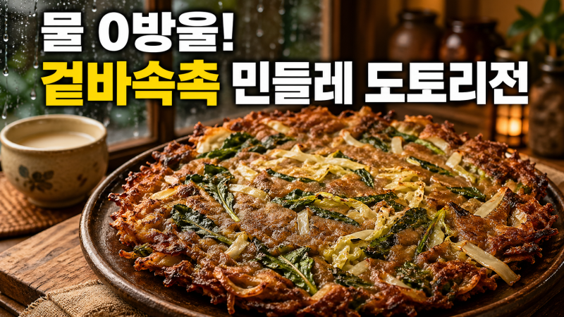 [초간단 레시피] 비 오는 날 전집 갈 필요 없는 '민들레 양배추 도토리전' (물 한 방울 안 들어....