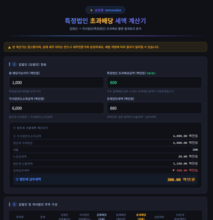  @성셈의 특정법인 초과배당 계산기입니다.