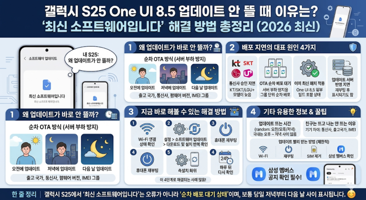갤럭시 S25 One UI 8.5 업데이트 배포 일정 | 통신사별 차이 | 강제 업데이트 방법