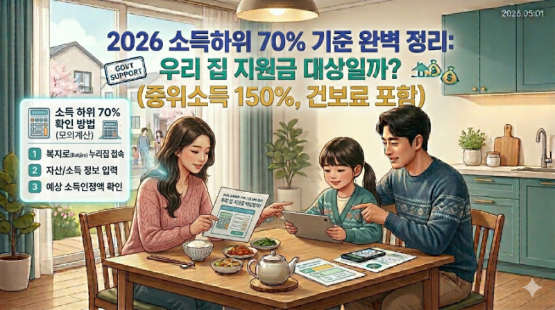 2026 소득하위 70% 기준 완벽 정리: 우리 집 지원금 대상일까? (중위소득 150%, 건보료 포함)