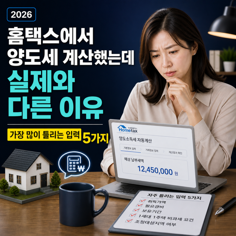 홈택스에서 양도세 계산했는데 실제와 다른 이유 | 가장 많이 틀리는 입력 5가지 (2026)