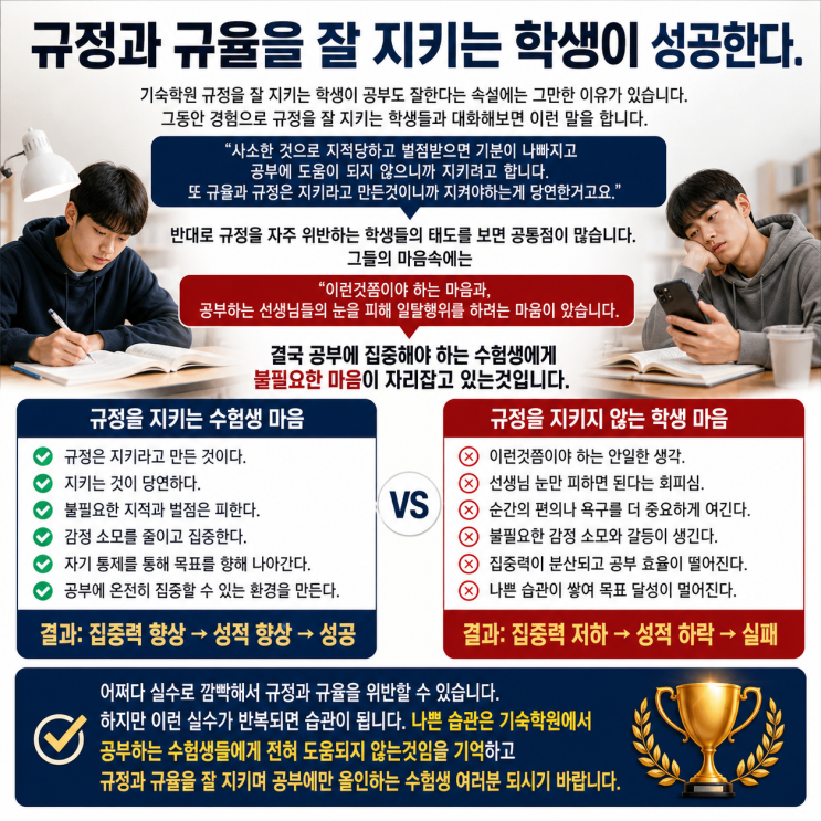  규정과 규율을 잘 지키는 재수 기숙학원 수험생이 결국 성공한다 태도와 마음가짐의 중요성