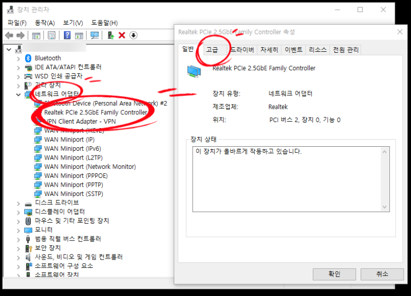 리얼텍(Realtek) 기가비트 랜카드 인터넷 끊김 원인 및 고급 속성 변경 (RTL8125 칩셋)